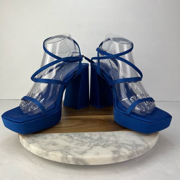 EUC Zara EU 39/US 8.5 Blue Strappy Retro Chunky Platform Heel Square Toe Sandals - Picture 7 of 14